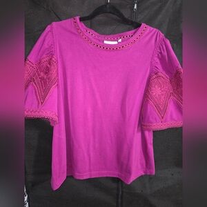Chico's Cut Out Lace Sleeve T-shirt Size 2 -Purpke Clover